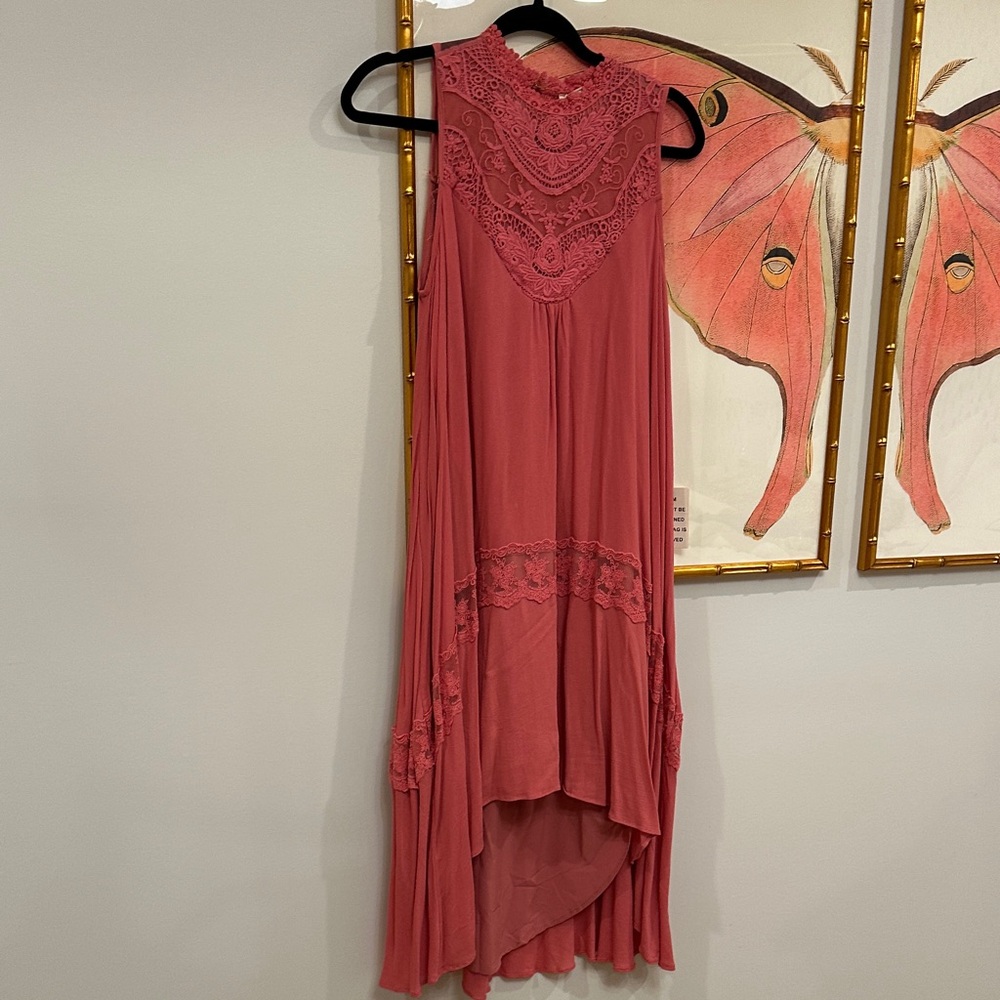 Joyfolie High Low Dress with Lace Detail - Rose